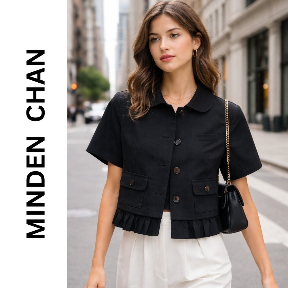 Minden Chan, Black Short Sleeve Ruffle Hem Pockets Cropped Jacket Blazer Size 6